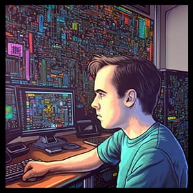 Illustration of Andrei at his workstation