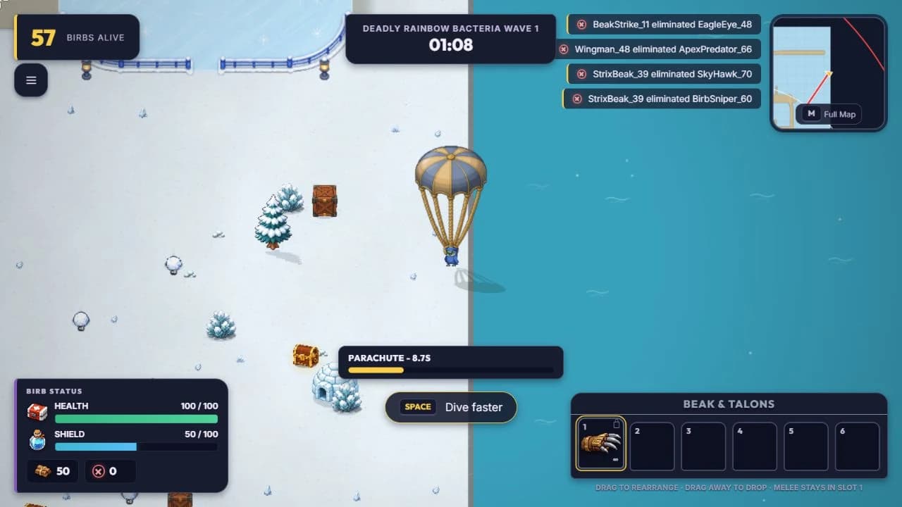 Birb Royale gameplay: a bird parachuting into a snowy island, with health, inventory, and a tactical minimap