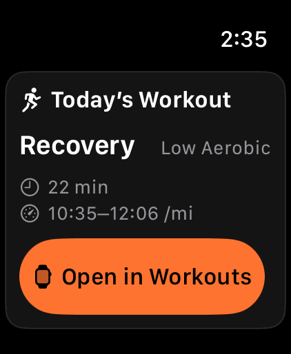 Runbo Apple Watch screen with a suggested recovery workout