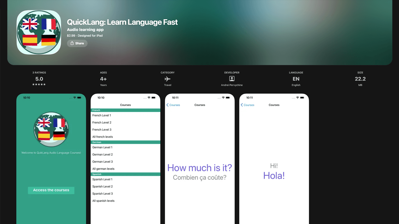 QuickLang App Store preview showing language courses and translations